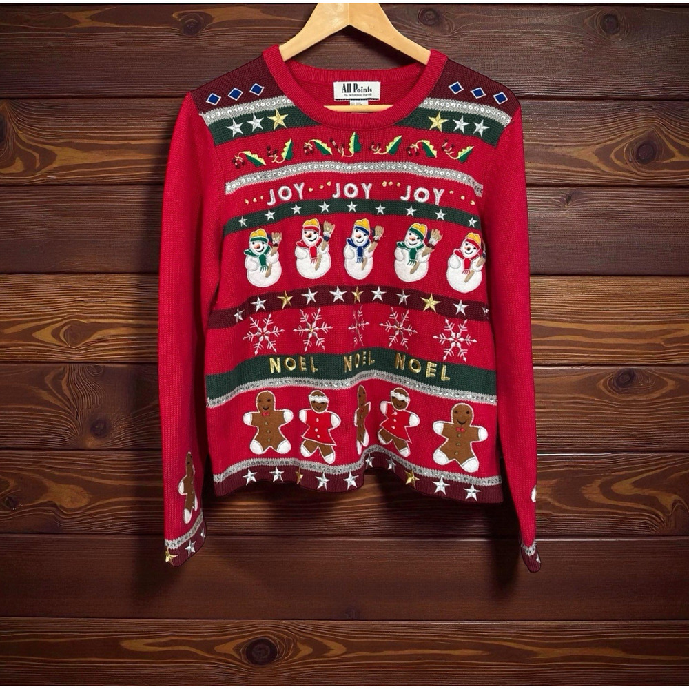Vintage All Points By Reference Point Ugly Christmas Sweater Joy Noel Women's L